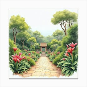 Exploring A Historic Botanical Garden, Watercolor With Exotic Plants 1 Canvas Print