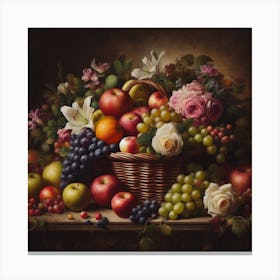 Still Life: A Realistic and Rich Art Print of a Basket of Fruits and Flowers Canvas Print