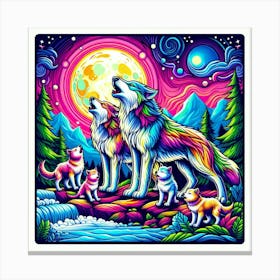 Loving Wolf Family Howling in Moon Canvas Print