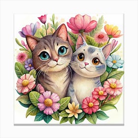 Two Cute Cats Surrounded By Flowers Canvas Print