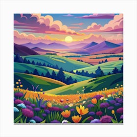 Field Valley Nature Meadows Flowers Dawn Landscape Canvas Print