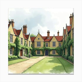 A Historic English University Campus With Ivy Covered Buildings, Watercolor Style 1 Canvas Print