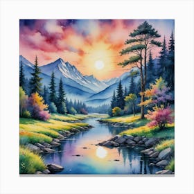 The Surreal Glow of Mountain and Stream Sunset In The Mountains Canvas Print