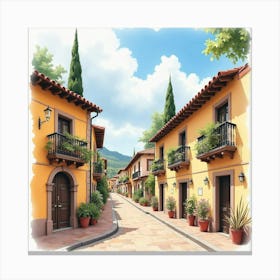 Watercolor Depiction Of A Historic Spanish Town With Charming Streets Canvas Print