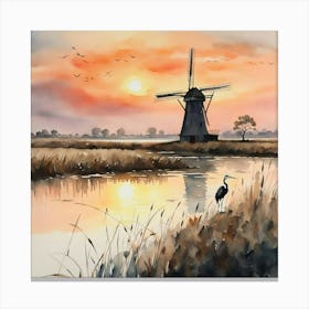 heron fishing near a windmil Canvas Print