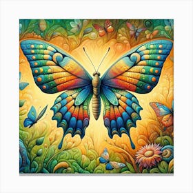 Title: "Kaleidoscope Awakening"  Description: "Kaleidoscope Awakening" is a vivid tapestry of nature, showcasing a radiant butterfly with intricately patterned wings that celebrate the diversity of life. The artwork is a symphony of vibrant hues, with each color blending seamlessly into the next, against a backdrop of flourishing flora. This visual feast is an homage to transformation and growth, making it an ideal piece for spaces that embrace nature, vitality, and the art of metamorphosis. Canvas Print