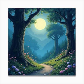 Hidden Fairy Enclave In A Moonlit Forest, Watercolor 1 Canvas Print