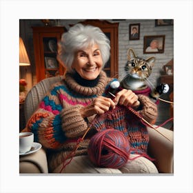 Grandma Lady Knitting With Cat Canvas Print