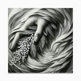 Abstract, Black And White, Nature’s Touch: Hand Among Leaves 1 Canvas Print