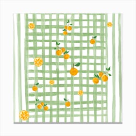 Green Gingham And Oranges Square Canvas Print