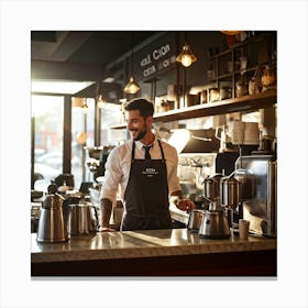 Cafe Interior Early Morning Barista Clad In A Crisp Apron With Visible Badges Of Skill Steam Waft (5) Canvas Print