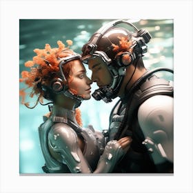 3d Dslr Photography Couples Inside Under The Sea Water Swimming Holding Each Other, Cyberpunk Art, By Krenz Cushart, Both Are Wearing A Futuristic Swimming With Helmet Suit Of Power Armor 4 Canvas Print