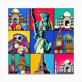 World of Wonders: A Bright and Cheerful Pop Art Print of Global Landmarks Canvas Print
