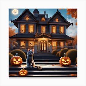 Halloween House With Cat And Pumpkins 2 Canvas Print