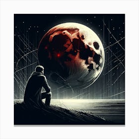 Man Looking At The Blood Moon: A Noir and Geometric Concept Art Canvas Print