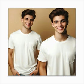 Identical twin brothers, who share the same birthday, are pictured together wearing white t-shirts and jeans. Canvas Print