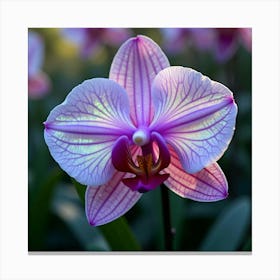 A Radiant Orchid With Petals Of Shifting, Holographic Colors Blooming In A Magical Garden Canvas Print