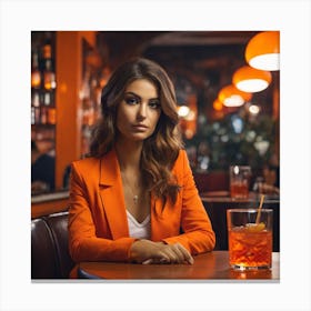 Beautiful Woman In Orange Jacket Sitting At The Bar Canvas Print