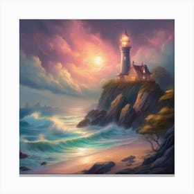 Lighthouse At Sunset Landscape 19 Canvas Print
