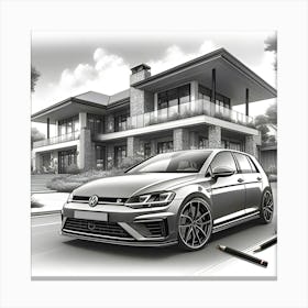 A Pencil Drawing Of A WV Golf 8 R In Front Of A Beautiful Modern Mansion Canvas Print