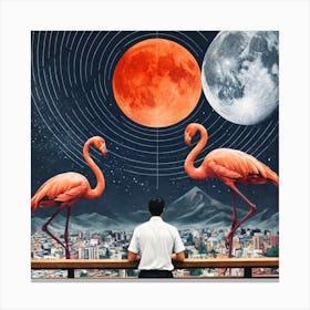 Flamingos And Moon Canvas Print