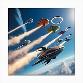 A Breathtakingly Detailed 3d Rendered Scene Of Multiple Alien Spaceships In Diverse Vibrant Colors, Each With Unique Shapes And Intricate Designs, Piercing Through The Earth S Atmosphere, Leaving Trails Of Glowing Ionized Gas Behind (5) Canvas Print