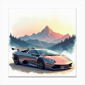 Lamborghini Murciélago With A Watercolor Scenic Mountain Range 1 Canvas Print