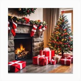 Christmas Presents Under Christmas Tree At Home Next To Fireplace (18) Canvas Print