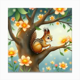 A Squirrel Playing In A Tree Of Glowing Flowers, Set In A Whimsical Watercolor World Canvas Print