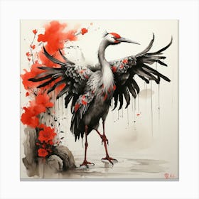 Crane With Red Flowers Canvas Print