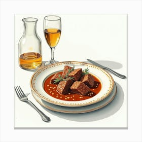 Watercolor Sketch Of A Classic And Savory Beef Stew On A Fine Dining Table Canvas Print