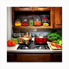 Cookware Utensils Stove Oven Microwave Blender Toaster Refrigerator Sink Pantry Cabinets (1) Canvas Print