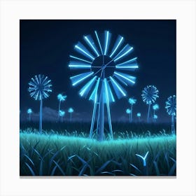 A Field Of Windmills Glowing With Blue Neon Light At Night, Surrounded By Tall Grass Canvas Print