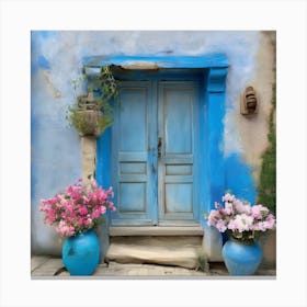 Blue wall. An old-style door in the middle, silver in color. There is a large pottery jar next to the door. There are flowers in the jar Spring oil colors. Wall painting.6 Canvas Print