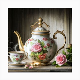 A very finely detailed Victorian style teapot with flowers, plants and roses in the center with a tea cup 14 Canvas Print