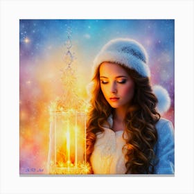 Girl Outside In The Snow With A Decorative Candle Colorful Paint Art Canvas Print