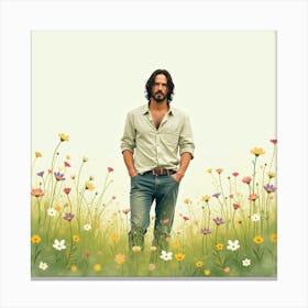 Keanu Reeves In A Peaceful Watercolor Meadow With Soft Wildflowers 1 Canvas Print