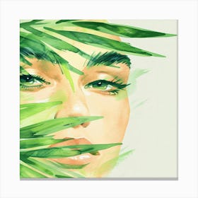 Watercolor Of A Woman With Green Leaves Canvas Print