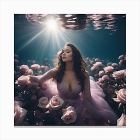 Tyndall Effect, A Beautiful Gregnent Women Lies Underwater In Front Of Pale Purpur Roses, Dress, Sun (1) Canvas Print