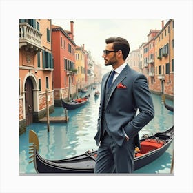 Sophisticated Italian Gentleman In Watercolor, With A Classic Venetian Gondola View Canvas Print