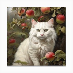White Cat In Apple Orchard Canvas Print