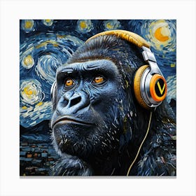 Gorilla Portrait With Headphones Against Van Gogh Canvas Print