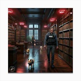 Police Officer Walking Dogs In Library 1 Canvas Print