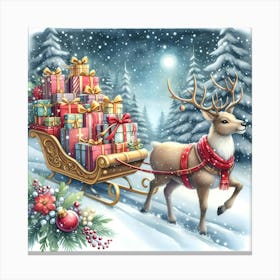 Christmas Reindeer with Gift-Filled Sleigh in a Snowy Winter Wonderland Canvas Print