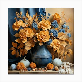 Still Life Ocher And Blue Autumn Flowers Art Print 2 Canvas Print