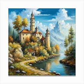 Painted landscape with a castle and a river Canvas Print