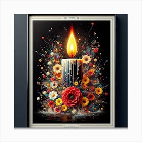 A lit candle inside a picture frame surrounded by flowers 8 Canvas Print