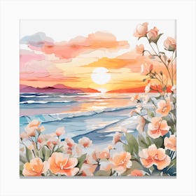 Sunset Flowers Watercolor Painting Canvas Print