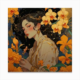 Chinese Woman With Orchids Canvas Print