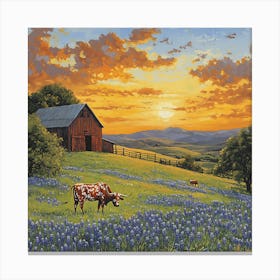 Sunset In The Bluebonnets 3 Canvas Print